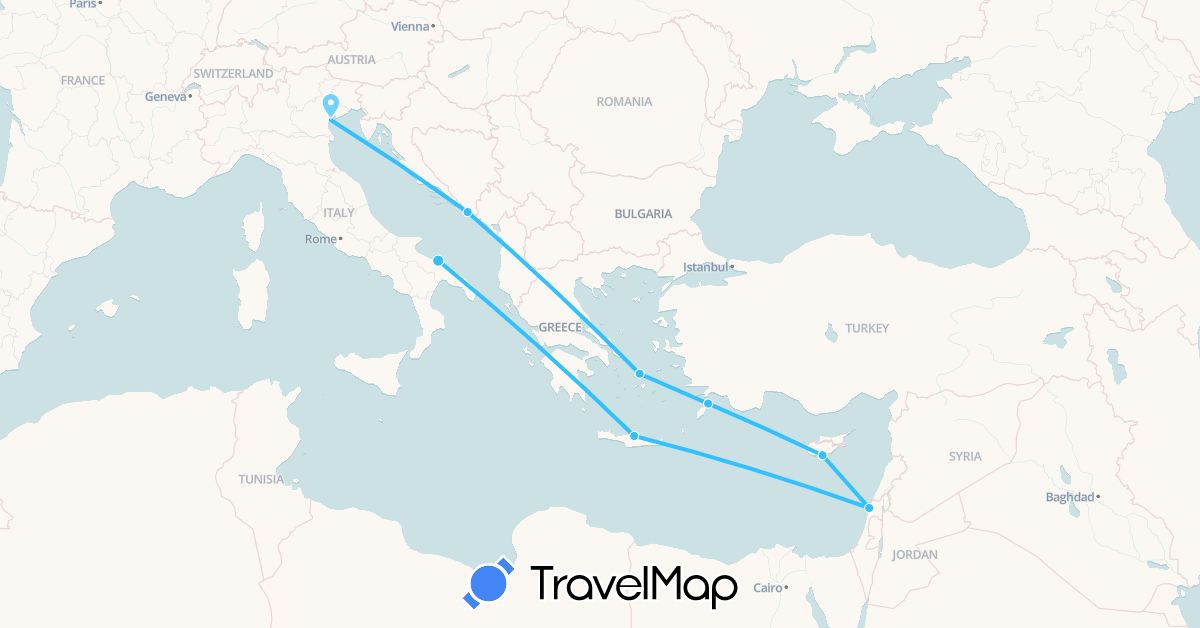 TravelMap itinerary: driving, boat in Cyprus, Greece, Croatia, Israel, Italy (Asia, Europe)